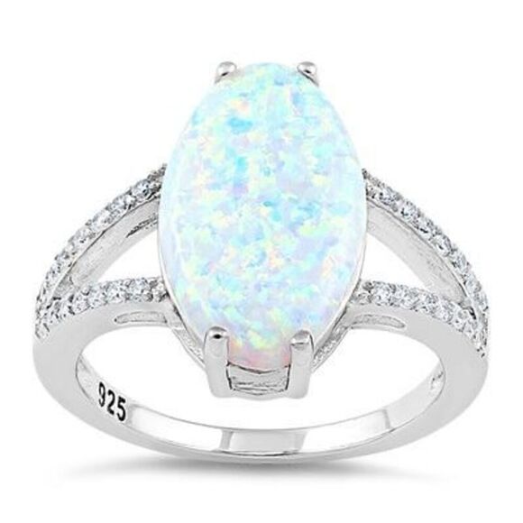 New Sterling Silver Marquise White Lab Opal Ring - Picture 2 of 5